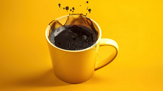 拿铁海报背景图片_黑咖啡杯的 3D 渲染作为黄色背景下的咖啡标志