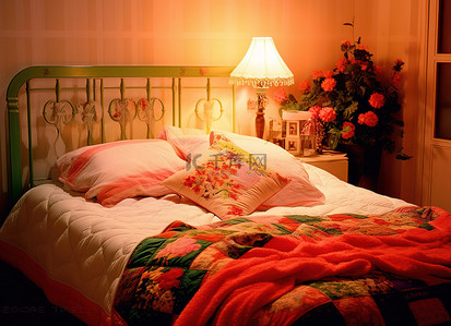 棕褐色的床，配有红绿色拼布被子