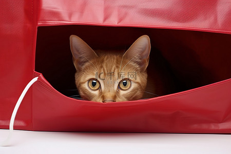 一只猫躲在红色购物袋下