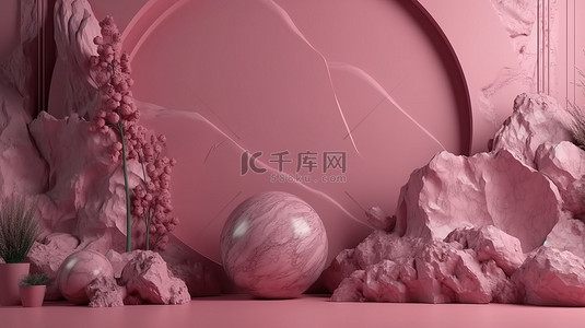 空白场景背景图片_粉红色 3D 渲染与装饰石材背景完美的产品展示和空白场景模型