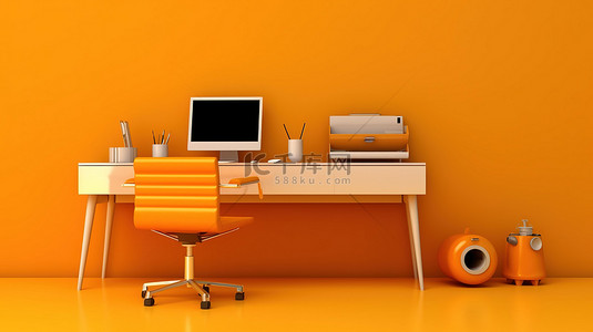 办公室环境中的橙色电脑桌 3D 渲染图像