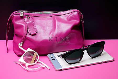 粉色日历背景图片_两个设备放在一个带眼镜的袋子旁边