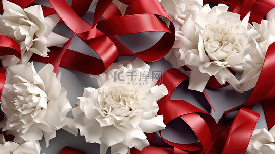 花朵结婚背景图片_白丝带和康乃馨背景的 3d 渲染