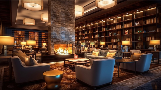 舒适的酒店休息区，配有壁炉和 3D 渲染的图书馆