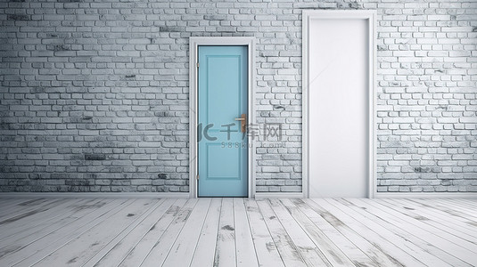 当代阁楼白色门和蓝砖墙与木地板 3d 渲染