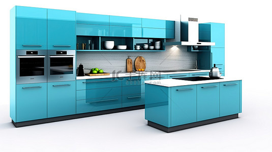 蓝色木制背景背景图片_带有独立蓝色厨房的白色背景的 3D 渲染