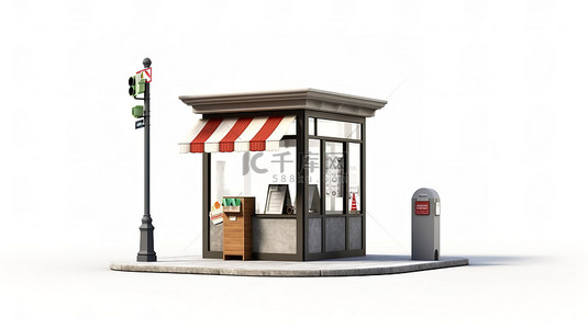招牌背景图片_空荡荡的街道售货亭，带有白色招牌，用于在空白背景 3D 渲染上隔离的模型