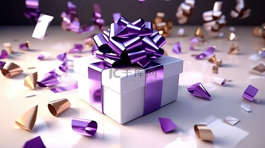 3D 插图打开用白色和紫色蝴蝶结包裹的礼物