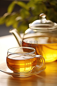 两杯茶，一杯茶旁边放着一个茶壶