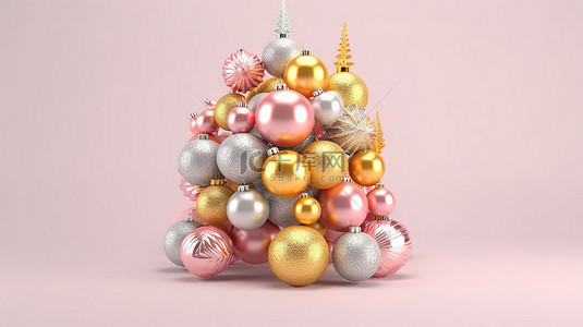 3D 渲染粉色和金色圣诞新年松树装饰品