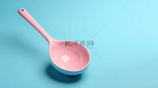 煮汤勺背景图片_双色调风格粉色厨房汤勺模型的蓝色背景 3D 渲染