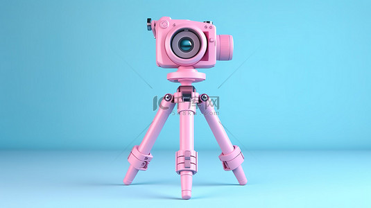 使用粉色数码单反相机或摄像机万向稳定三脚架系统对蓝色背景进行 3D 渲染