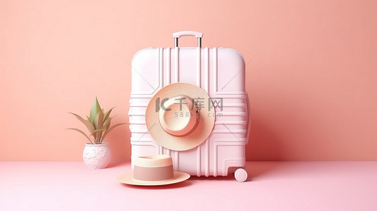 旅行粉色背景图片_夏季旅行概念粉色柔和的背景，手提箱上戴着帽子，还有 3D 渲染的粉色橡胶圈