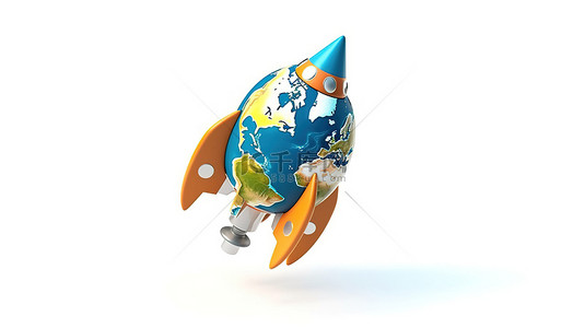 信号发射背景图片_白色背景 3D 渲染中围绕地球运行的未来火箭