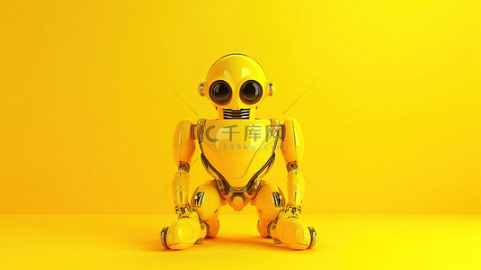 黄色背景与霓虹黄色 ai 机器人在 3d 中呈现