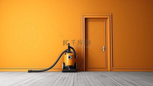 橙色室内房间 3d 图标中的金色单色胡佛机