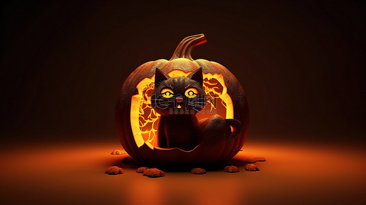 杰克灯笼南瓜内快乐万圣节黑猫的 3D 插图