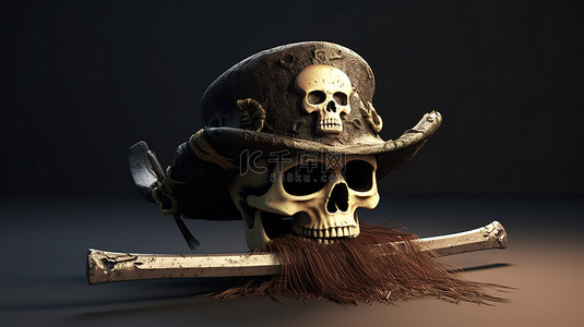3D 渲染海盗帽剑和头骨的插图，用于营销和广告活动