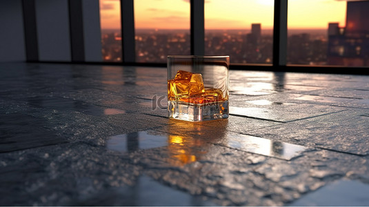 3D 渲染中放在混凝土房间地板上的威士忌酒杯