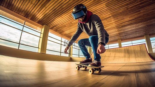 运动骑背景图片_一位熟练的男性滑板手戴着 VR 眼镜，一边骑滑板一边玩 3D 游戏