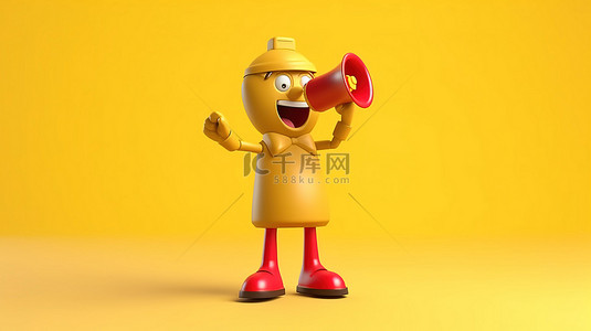 黄色背景的 3D 渲染，带有金奖奖杯吉祥物和人物角色持有的红色复古扩音器