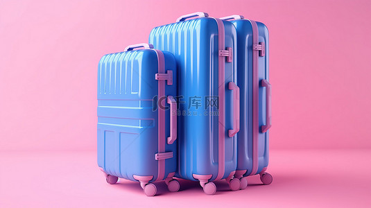 豪华酒店卡通背景图片_粉红色背景的豪华酒店行李手推车中蓝色超大聚碳酸酯手提箱的 3D 渲染