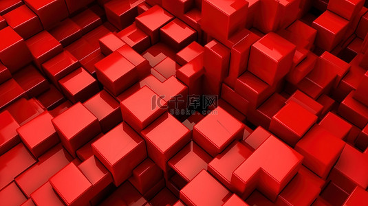 红色倾斜和挤压的抽象 3D 立方体块