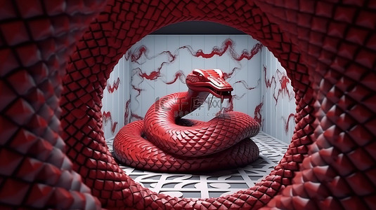 充满活力的 3D 奇幻艺术品，具有白色怪物蛇剪影和红色图案周围