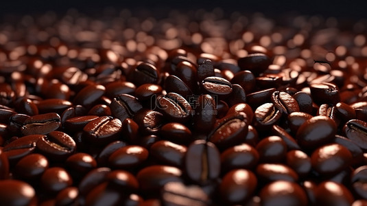烘焙手提袋样机背景图片_3D 渲染背景中真实的大量深色烘焙咖啡豆