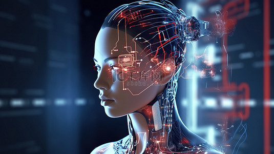 工业显示器背景图片_未来工业网络 3D 渲染女性机器人在技术概念艺术