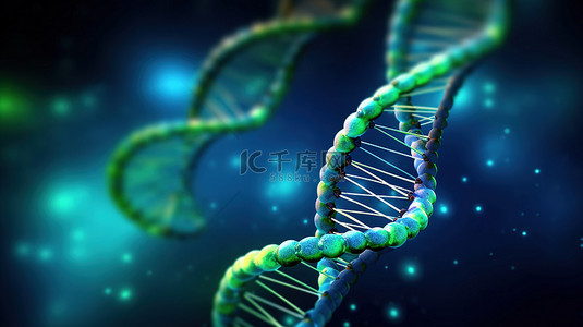 科技医学背景背景图片_蓝色和绿色背景下 DNA 螺旋的 3D 渲染