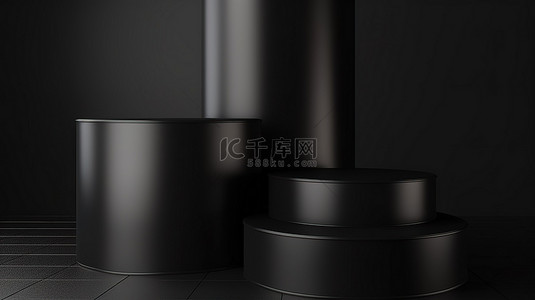 金色两个背景图片_两个光滑的黑色圆柱基座的产品展示 3D 渲染