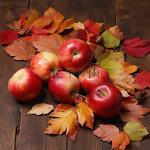 感恩你我同行背景图片_木桌上的红苹果与秋叶