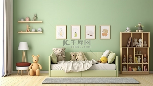 时尚时尚的儿童房采用绿色 3D 渲染，配有样机海报和床