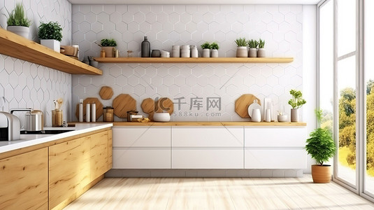 装饰墙砖背景图片_带木质台面和装饰六边形墙砖的白色厨房的 3D 渲染