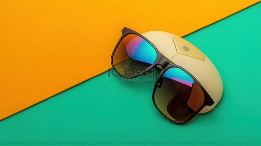 黄色背景上的简约顶视图 PC 鼠标和浮雕 3D 眼镜