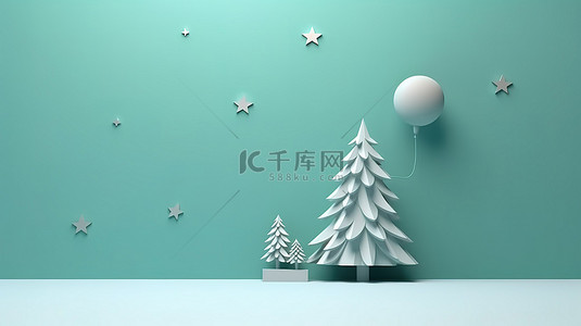 圣诞树的简约 3D 渲染在彩色纸张背景上，具有充足的复制空间