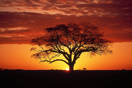 北部背景图片_澳大利亚北部威尔科克斯地区，一棵榆树在日落时现出轮廓