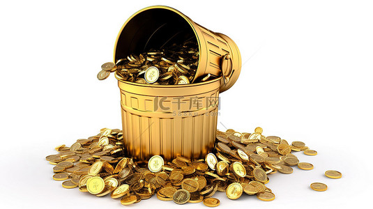 白色背景上带有金色比特币帽和现金的钢制垃圾桶的 3D 渲染