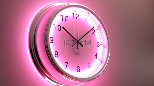 3D 粉色时钟显示 7 45 指示 15 分钟到 8 点，带银色针和背光表盘灯