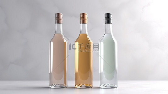 背景葡萄酒背景图片_浅色背景上带有空白标签的时尚精致的 3D 渲染白葡萄酒瓶