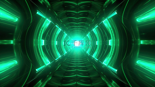 在万花筒 3D 插图中用充满活力的翡翠绿灯照亮的抽象几何隧道