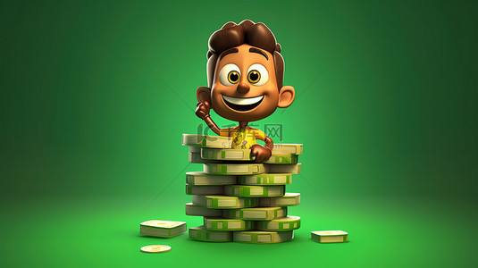 男士人物背景图片_移动应用程序的 3D 插图，其中包含一个被成堆现金包围的卡通人物