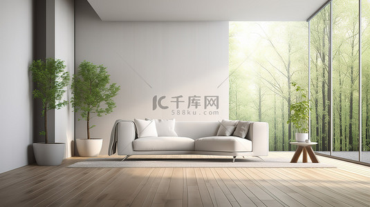 以自然为背景的天然木地板上的 3d 白色沙发现代生活区