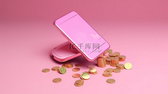 3d 渲染中的智能手机在粉红色背景下将硬币传输到钱包