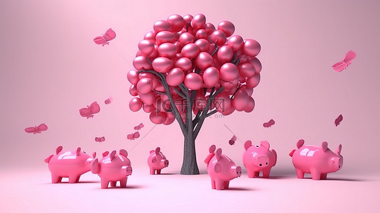 下降背景图片_金钱树投资概念 3D 渲染的插图，背景是硬币下降和粉红色存钱罐
