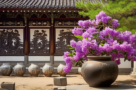 陶器背景图片_庭院里的四朵杜鹃花和两个中国陶器