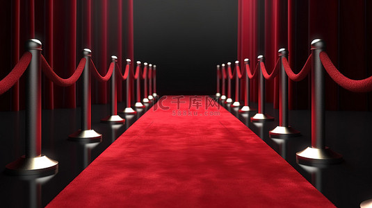 宏伟的入口 3D 渲染长红地毯，带有绳索屏障楼梯和末端的窗帘