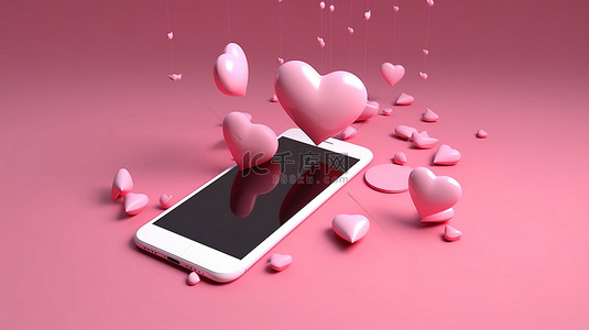 情人节概念智能手机在 3D 渲染中传输爱的信息