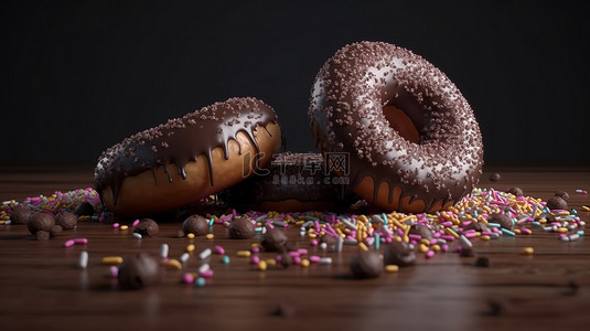 美味的巧克力甜甜圈与巧克力糖霜和糖洒在 3D 世界中